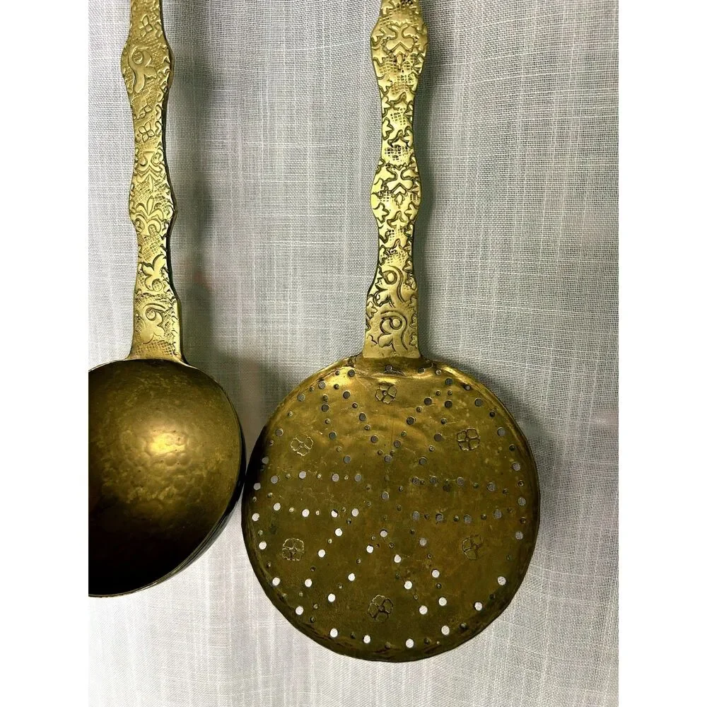 Antique Ornate Brass Ladle and Skimmer Set Embossed Floral Long Handle